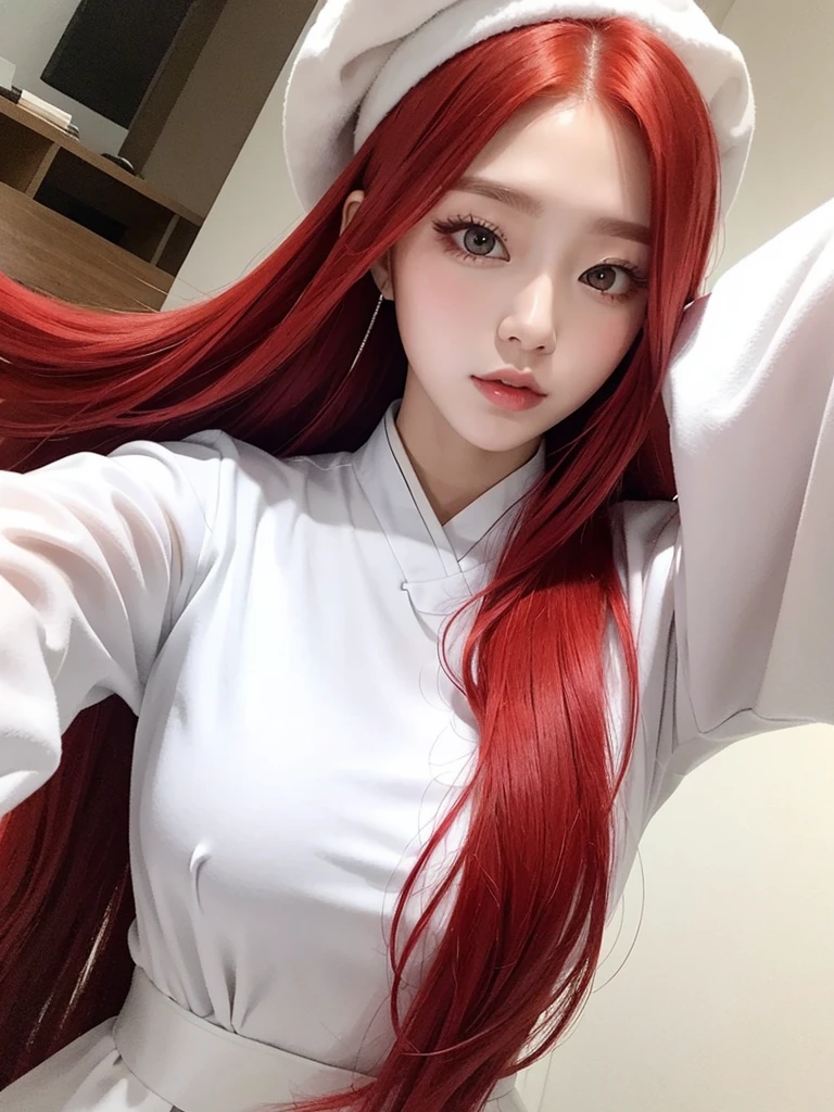 Korean with long red hair, white outfit, hair stuck, Selfie