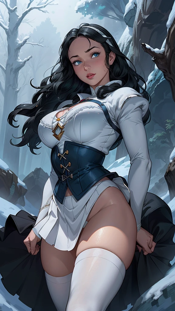 (La mejor calidad,A high resolution,Ultra - detallado,actual),snow white, vestido corto azul, medias white muslo, cabello largo amarillo, ,(Fondo de ruinas de mazmorra en ruinas bosque tenebroso cyberpunk :1.4 ), More detailed 8K.motor irreal:1.4,UHD,La mejor calidad:1.4, fotorrealista:1.4, textura de la piel:1.4, obra maestra:1.8,obra-prima, mejor calidad,objeto Objeto], (detailed face features:1.3),(Las proporciones correctas),  (pose vaquero),(snow white:1.4), (snow white V2.1), (perfect  :1.4),( no mutaciones), (snow white Disney:1.4), (dynamic cowboy pose), (face detailed :1.4), (mostrando ),(white stockings and suspenders),(dark blue dress with red shoulders) (cinematic lighting :1.4), score_9, score_8_up, score_7_up, score_6_up, rating_, 1girl, ((18YO:1.2)), Adult, full lips, big clear eyes, blue eyes, ((black hair:1)), (long wavy hair: 1.2),( orejas de coneja white:1.4 ), (forest background big trees), (skirt lifted by itself: 1.1), (skirt lift: 1.3), (showing white : 1.3),score_9, score_8_up, score_7_up, score_6_up, rating_, 1girl, ((18YO:1.2)), Adult, full lips, big clear eyes,  blue eyes, ((black hair:1)), (long wavy hair: 1.2),(face detailed V2.1) 