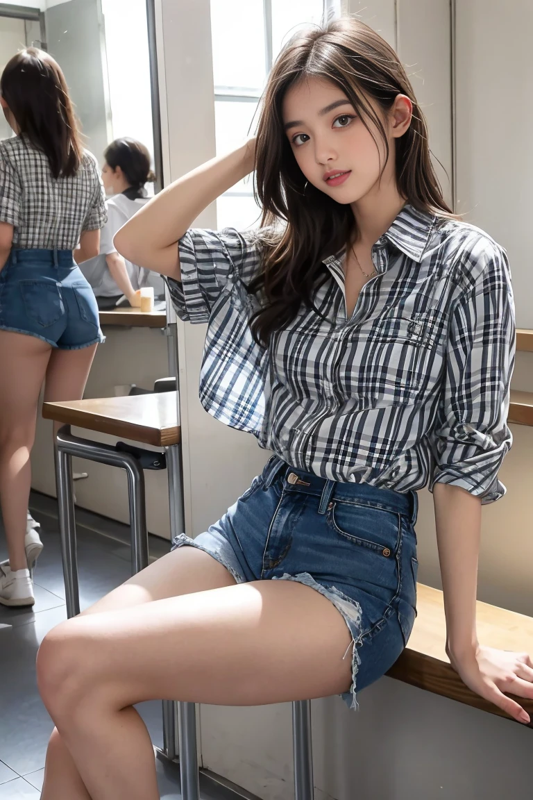 deux femmes ensemble de 18 ans sexy et mince , short checkered shirt et short en jean, salle de classe, se touche,position sey,sensuel