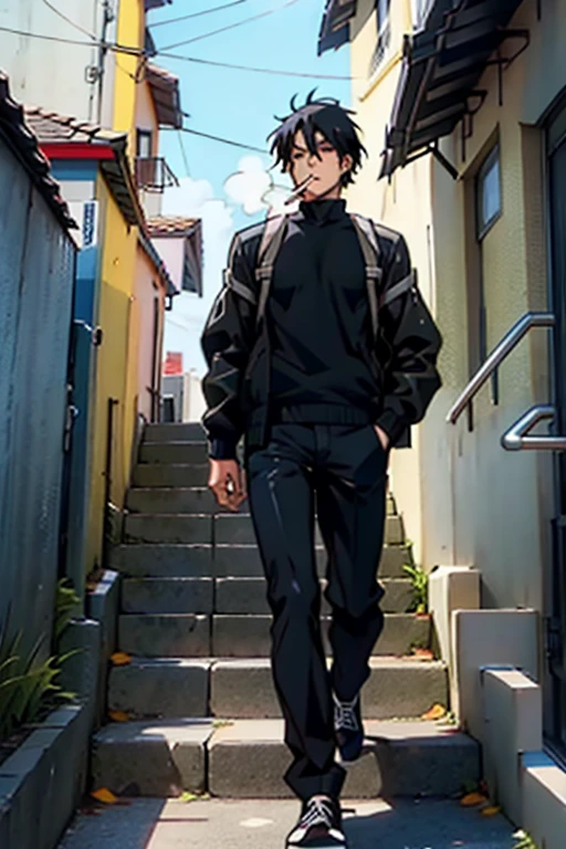  Guy with short black hair smoking and walking up steps, manga page with panels and dialogue    