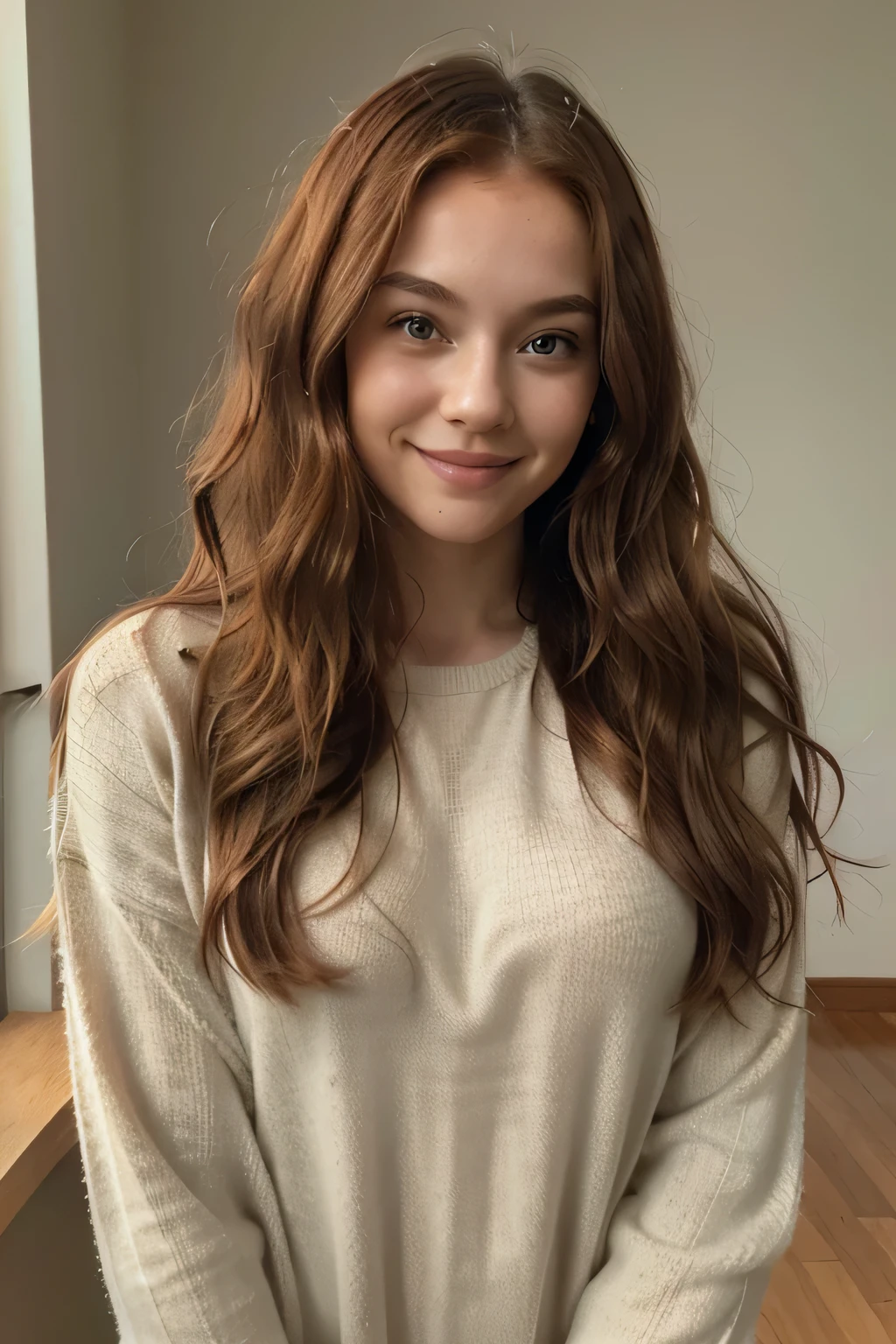 A young woman with long, wavy red hair, green eyes, light skin with a slight blush. She is dressed in modern casual clothes, such as a light sweater or t-shirt. She has a friendly and warm expression, lightly smiling. The background is neutral pastel.