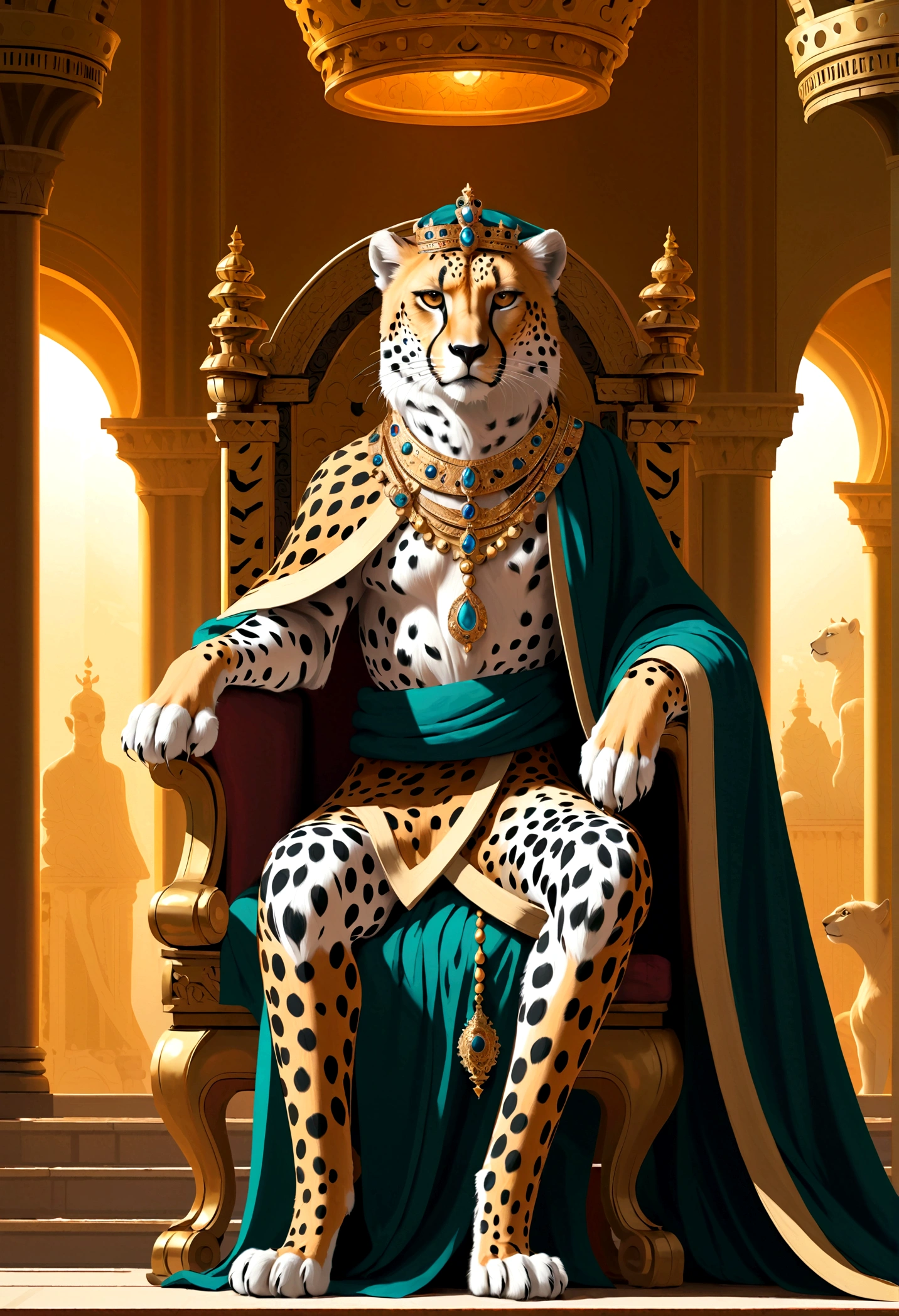 (masterpiece), A Cheetah Emperor, crown, robe, Sitting on the throne, piercing eyes, regal posture, ornate throne with intricate carvings, lush palace environment, warm lighting, dramatic shadows, 8k, cinematic lighting, dramatic composition