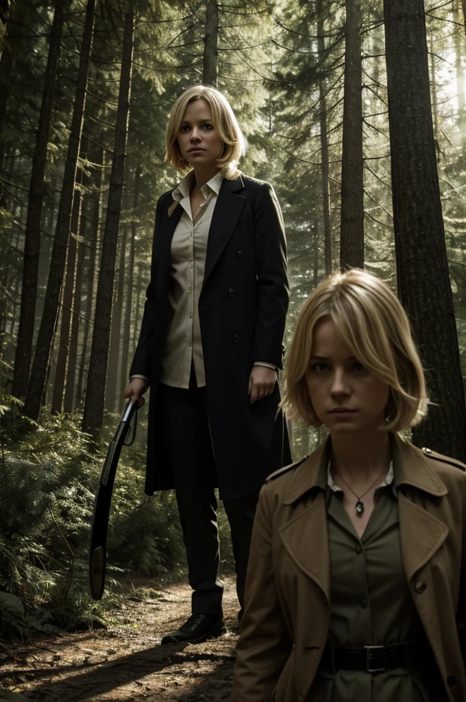 blonde girl detective with a magnifying glass detecting a body that was killed by his two brothers killers hiding behind the trees as shadows in the forest
