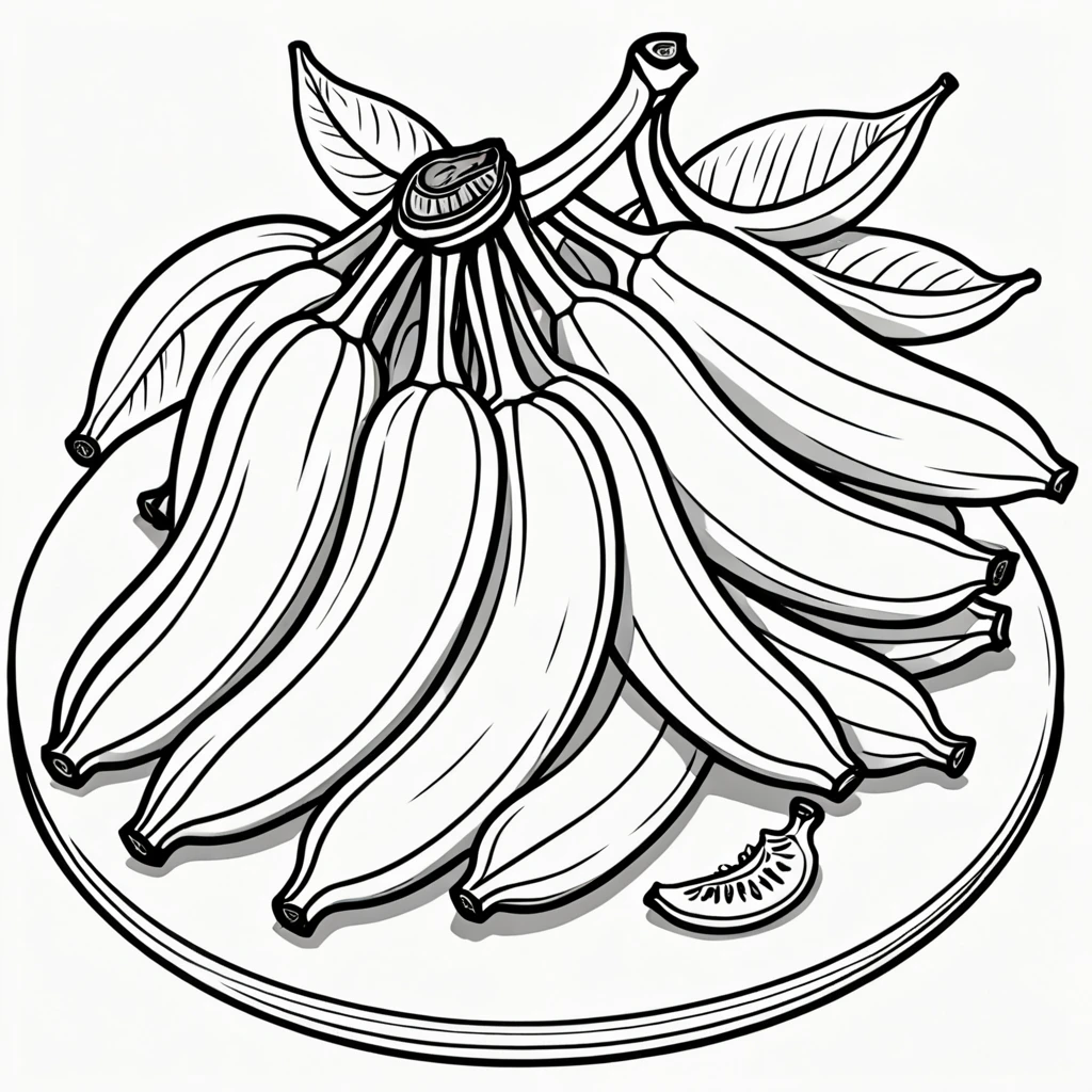 Bananas on the table. Children's coloring illustration. Black outline and white background.