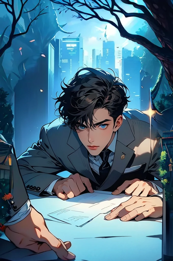masterpiece, 20 years old man wearing a suit jacket, brown short hair, blue eyes,
