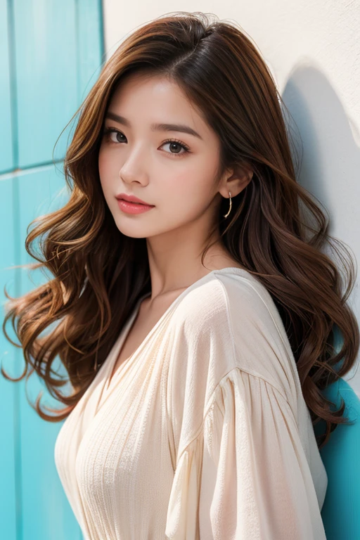 highest quality、4K、Beautiful lady、Perfect Face、Perfect Style、model、perfect body、Sunburn、beautiful lady、mature、long curly layer brown hair、Swept-back hair、full body, sexy 、charming、healthy、colorful wall、