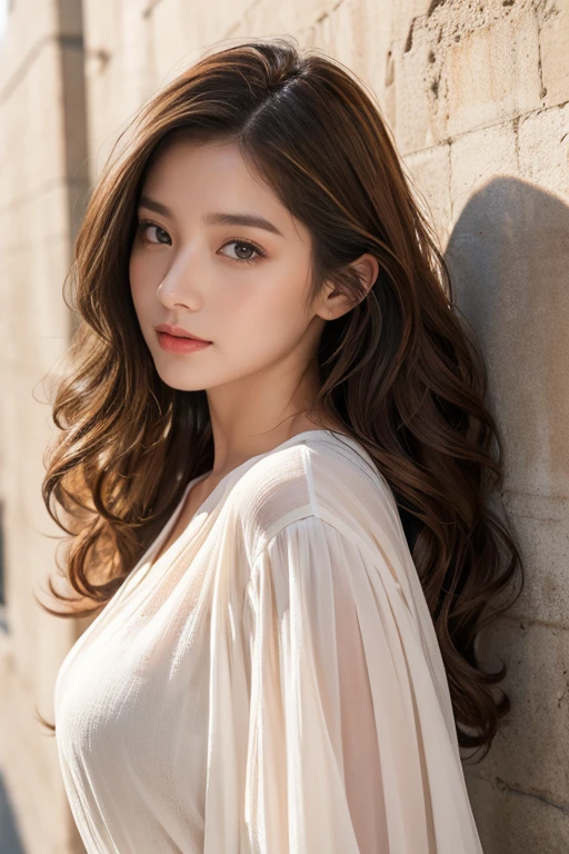 highest quality、4K、Beautiful lady、Perfect Face、Perfect Style、model、perfect body、Sunburn、beautiful lady、mature、long curly layer brown hair、Swept-back hair、full body, sexy 、charming、healthy、colorful wall、