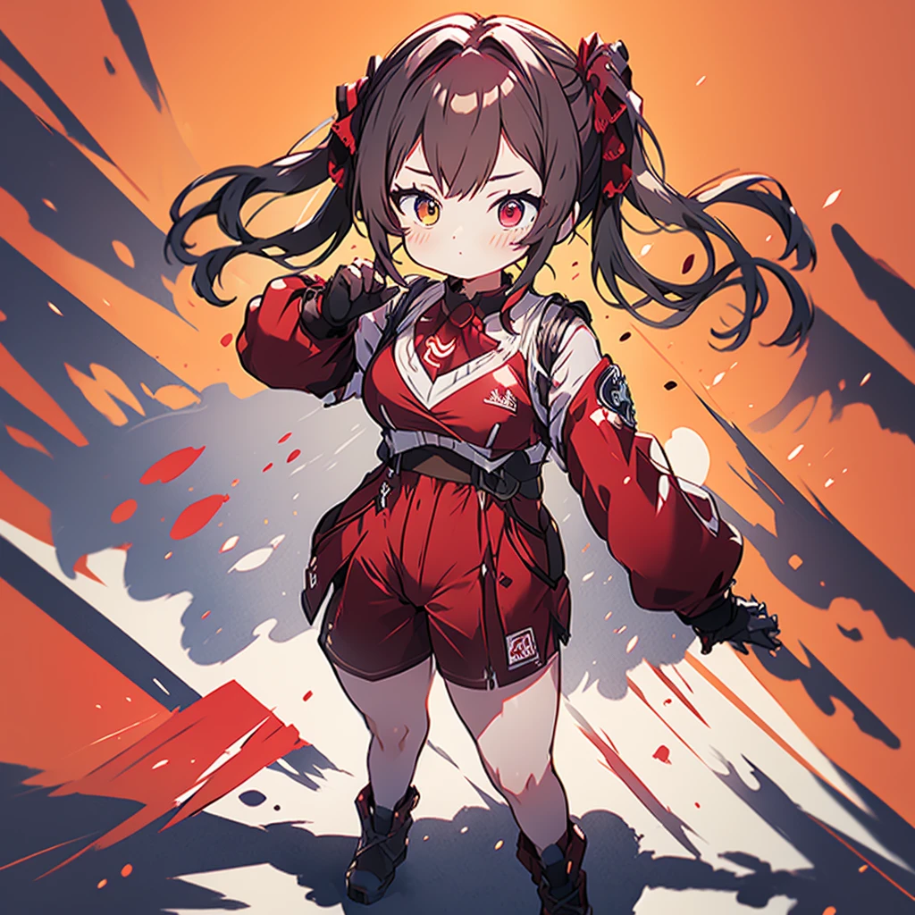 masterpiece, best quality, absurdres, perfect antomy, Houshou Marine, 1girl, solo, heterochromia, red eyes, yellow eyes, large breasts, twintails, hair ribbon, long hair, graphic tee, denim shorts, standing, outdoors, city, hands in pockets