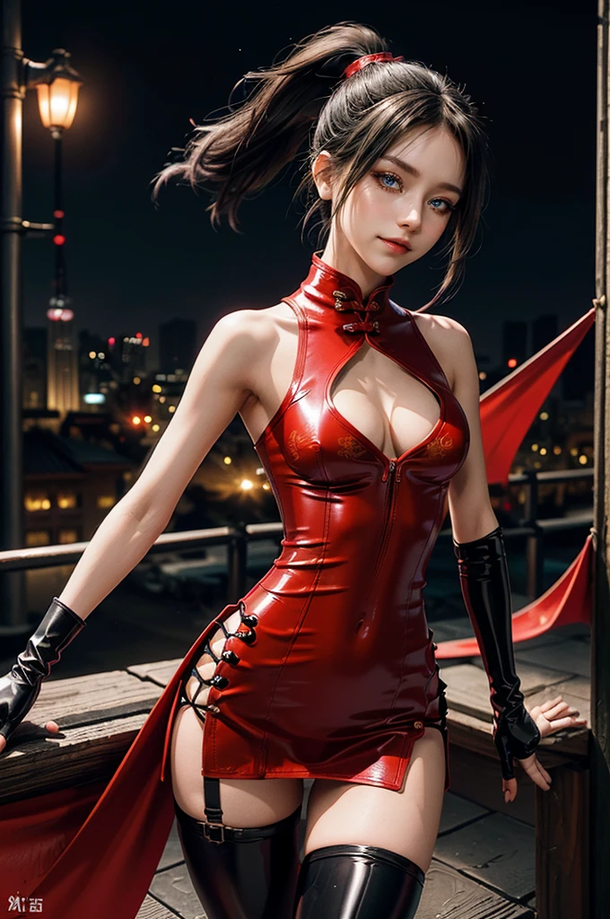 (RAW photo, best quality), Cute girl with short black hair, (ponytail), (city roof at night background), low light , dark eyeliner, cute smile, gorgeous face , super cute, 18 years old , young looking, hyper detailed face, dark eyeliner, (medium ), (thin waist, super slender), ( shoulders, ( ),  and red PVC qipao china dress with yellow dragon decoration and vivid patterns, deep black leather thigh high boots, ((red PVC fingerless gloves)), , ((both hands on waist)), one leg in front of the other, (((small navel exposure))), (thigh belt)
