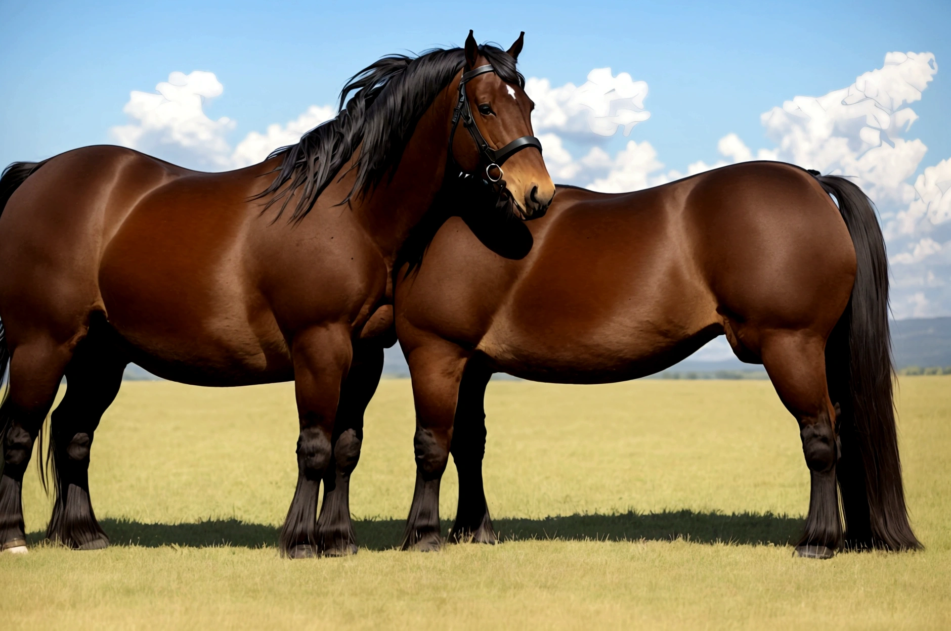 full side view of a big fat Belgian draft horse mare with a massive bum and a very short tail. horse facing horizon . BBW very full figured very dark skinned BBW nude African woman riding horse. flat grass meadow. looking to horizon . a single huge pile of steaming horse dung on the ground behind horse. cloudless blue sky.