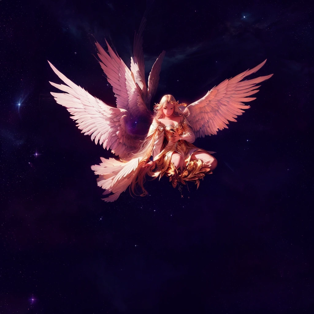 there is a bird that is flying in the sky with its wings spread, angel falling to andromeda, icarus falling from the sky, cosmic horror entity with wings, elven angel meditating in space, angel protecting woman, background artwork, wings growing out of arms, icarus, artwork of a phoenix, winged human, ''wallpaper of a phoenix resting, winged