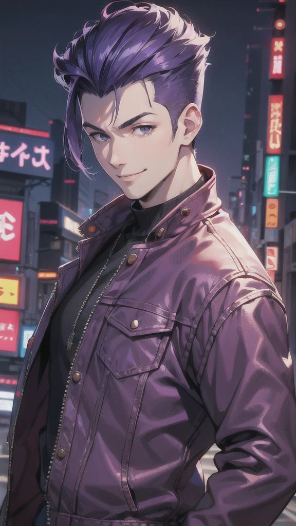 Bad boy, low angle, purple pompadour, red jacket and jeans, looking at camera, smiling, Tokyo city，Pocket Hand、solo