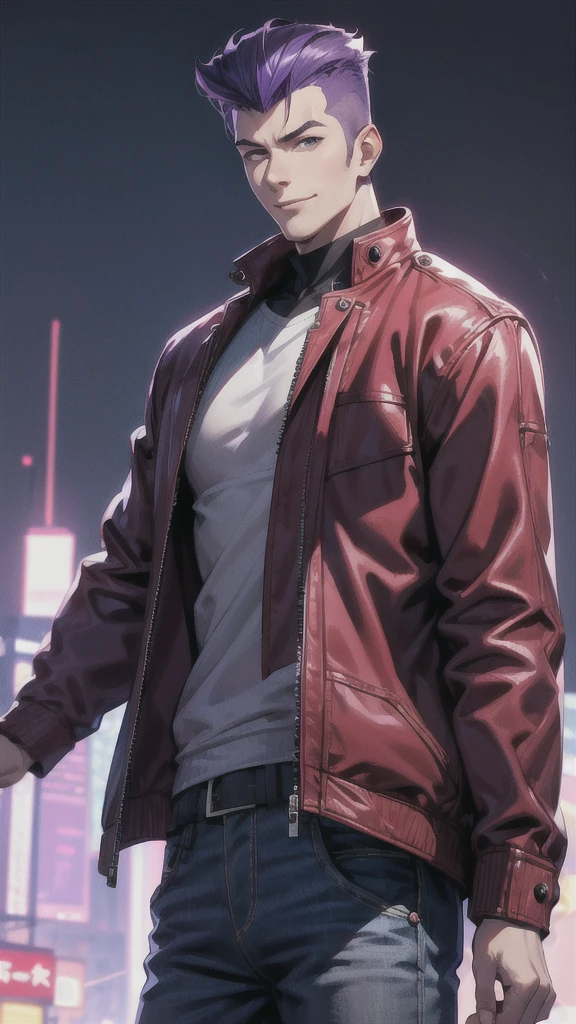 Bad boy, low angle, purple pompadour, red jacket and jeans, looking at camera, smiling, Tokyo city,Pocket Hand、solo