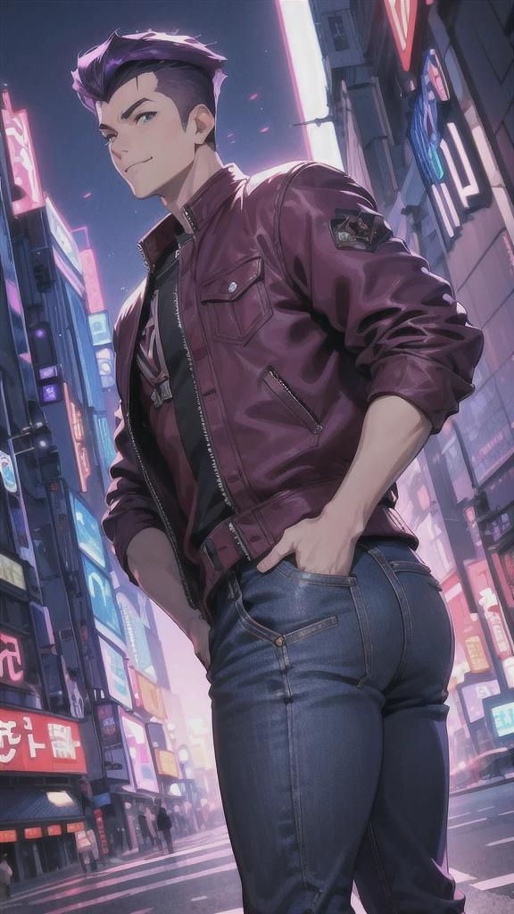 Bad boy, low angle, purple pompadour, red jacket and jeans, looking at camera, smiling, Tokyo city,Pocket Hand、solo