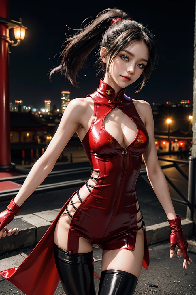(RAW photo, best quality), Cute girl with short black hair, (ponytail), (city roof at night background), low light , dark eyeliner, cute smile, gorgeous face , super cute, 18 years old , young looking, hyper detailed face, dark eyeliner, (medium breast), (thin waist, super slender), (bare shoulders, (exposed hips), skintight and red PVC qipao china dress with yellow dragon decoration and vivid patterns, deep black leather thigh high boots, ((red PVC fingerless gloves)), cleavage, ((both hands on waist)), one leg in front of the other, (((small navel exposure))), (thigh belt)