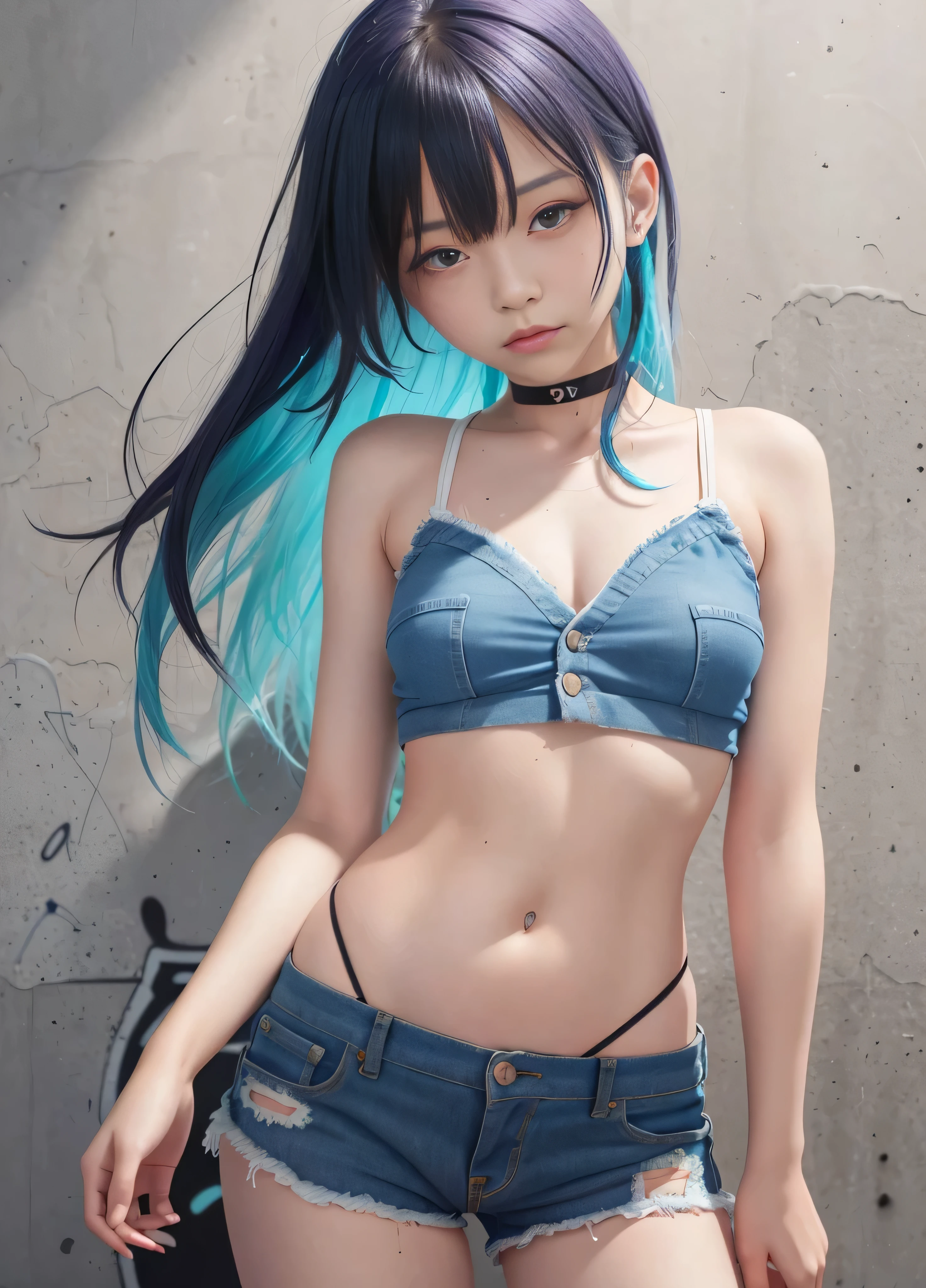 (Raw quality:1.4)、masterpiece, Highest quality, 1 Girl, solo, Crop top, (Extreme Low Rise Denim Shorts), (You can see that the raw skin 20 cm below the navel is exposed 20 cm:1.4), Little pubic hair, choker, (graffiti:1.5), Paint Splatter, Arms behind back, Hitting a wall, View your viewers, Thigh bandana, Body Paint, Head tilt, boredom, Colorful hair, Aqua Eye, headphone,