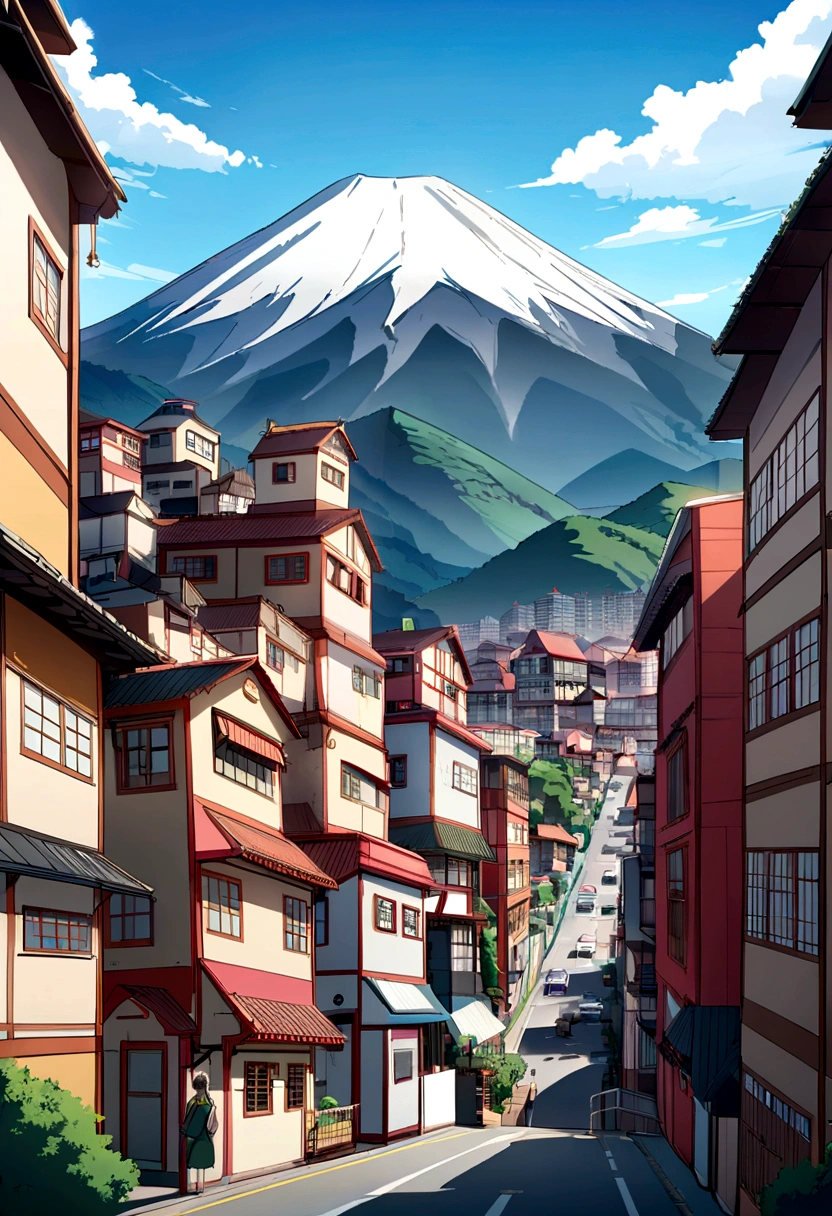 Looming、tiny buildings、Giantess anime、female、nude、tiny city、Towering、smile、Big eyes、Strong sexual desire、Real Anime Style、Real Hentai Anime、Low - Angle、Crush lots of tiny buildings、Crash、Fuji Mountain