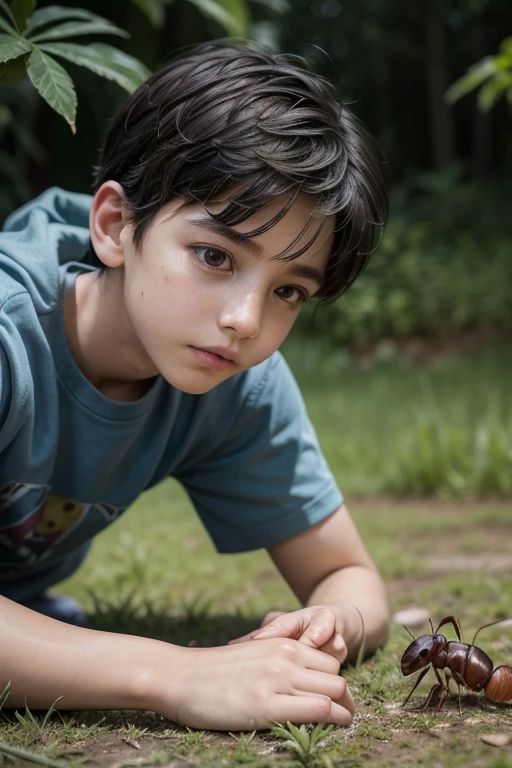 a cartoon illustration of a boy of Latino ethnicity who has a friendship with an ant: Title: "The Ant Friend" Description: The illustration shows a mixed-race boy, with mixed ethnic features, sitting on the floor of a forest or garden. He has a look of curiosity and enchantment, carefully watching an ant that walks close to him. The boy gently extends his hand, allowing the ant to climb onto your finger, and the two seem to be in a moment of connection and friendship. The scene conveys the idea of a special and respectful relationship between the boy and the little creature.. The background can be composed of natural elements, como folhas, twigs, grass or flowers, creating a welcoming and peaceful environment for this unique interaction. The illustration should have a smooth style, with earthy color palette and natural tones, reflecting the serene atmosphere and connection between the mixed-race boy and the ant. Details like the boy's facial expression, the ant's posture and the overall composition of the scene should convey the feeling of a magical and meaningful moment. I hope this prompt helps inspire you to create a touching and meaningful illustration about the friendship between a mixed-race boy and an ant. Feel free to interpret and adapt the prompt to suit your artistic vision.