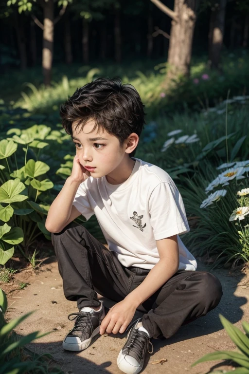 a cartoon illustration of a boy of Latino ethnicity who has a friendship with an ant: Title: "The Ant Friend" Description: The illustration shows a mixed-race boy, with mixed ethnic features, sitting on the floor of a forest or garden. He has a look of curiosity and enchantment, carefully watching an ant that walks close to him. The boy gently extends his hand, allowing the ant to climb onto your finger, and the two seem to be in a moment of connection and friendship. The scene conveys the idea of a special and respectful relationship between the boy and the little creature.. The background can be composed of natural elements, como folhas, twigs, grass or flowers, creating a welcoming and peaceful environment for this unique interaction. The illustration should have a smooth style, with earthy color palette and natural tones, reflecting the serene atmosphere and connection between the mixed-race boy and the ant. Details like the boy&#39;s facial expression, the ant&#39;s posture and the overall composition of the scene should convey the feeling of a magical and meaningful moment. I hope this prompt helps inspire you to create a touching and meaningful illustration about the friendship between a mixed-race boy and an ant. Feel free to interpret and adapt the prompt to suit your artistic vision.