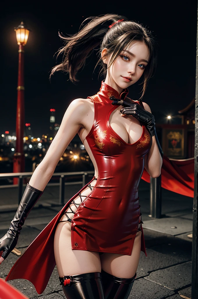(RAW photo, best quality), Cute girl with short black hair, (ponytail), (city roof at night background), low light , dark eyeliner, cute smile, gorgeous face , super cute, 18 years old , young looking, hyper detailed face, dark eyeliner, (medium breast), (thin waist, super slender), ( shoulders, ( hips),  and red PVC qipao china dress with yellow dragon decoration and vivid patterns, deep black leather thigh high boots, ((red PVC fingerless gloves)), cleavage, ((both hands on waist)), one leg in front of the other, (((small navel exposure))), (thigh belt)
