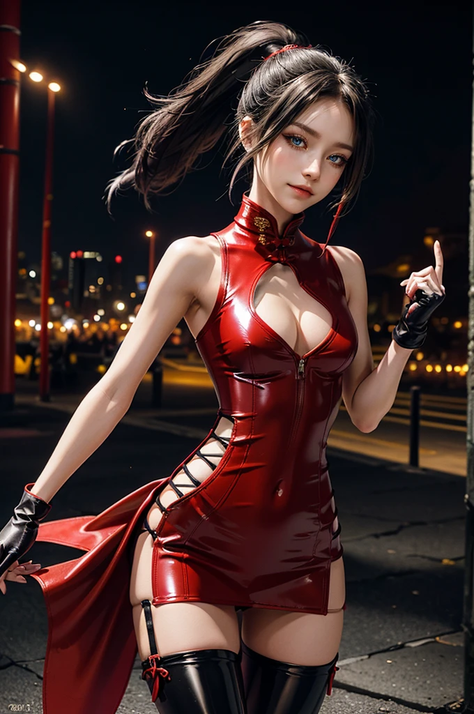 (RAW photo, best quality), Cute girl with short black hair, (ponytail), (city roof at night background), low light , dark eyeliner, cute smile, gorgeous face , super cute, 18 years old , young looking, hyper detailed face, dark eyeliner, (medium breast), (thin waist, super slender), ( shoulders, ( hips),  and red PVC qipao china dress with yellow dragon decoration and vivid patterns, deep black leather thigh high boots, ((red PVC fingerless gloves)), cleavage, ((both hands on waist)), one leg in front of the other, (((small navel exposure))), (thigh belt)