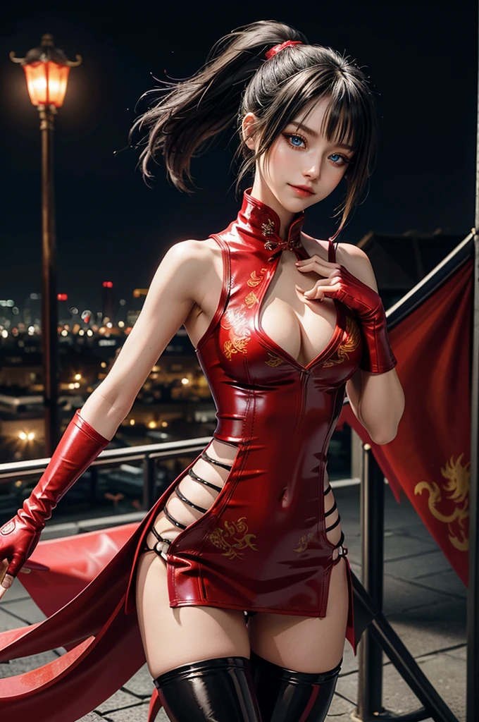 (RAW photo, best quality), Cute girl with short black hair, (ponytail), (city roof at night background), low light , dark eyeliner, cute smile, gorgeous face , super cute, 18 years old , young looking, hyper detailed face, dark eyeliner, (medium ), (thin waist, super slender), ( shoulders, ( ),  and red PVC qipao china dress with yellow dragon decoration and vivid patterns, deep black leather thigh high boots, ((red PVC fingerless gloves)), , ((both hands on waist)), one leg in front of the other, (((small navel exposure))), (thigh belt)
