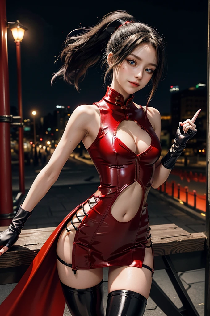 (RAW photo, best quality), Cute girl with short black hair, (ponytail), (city roof at night background), low light , dark eyeliner, cute smile, gorgeous face , super cute, 18 years old , young looking, hyper detailed face, dark eyeliner, (medium breast), (thin waist, super slender), (bare shoulders, (exposed hips), skintight and red PVC qipao china dress with yellow dragon decoration and vivid patterns, deep black leather thigh high boots, ((red PVC fingerless gloves)), cleavage, ((both hands on waist)), one leg in front of the other, (((small navel exposure))), (thigh belt)