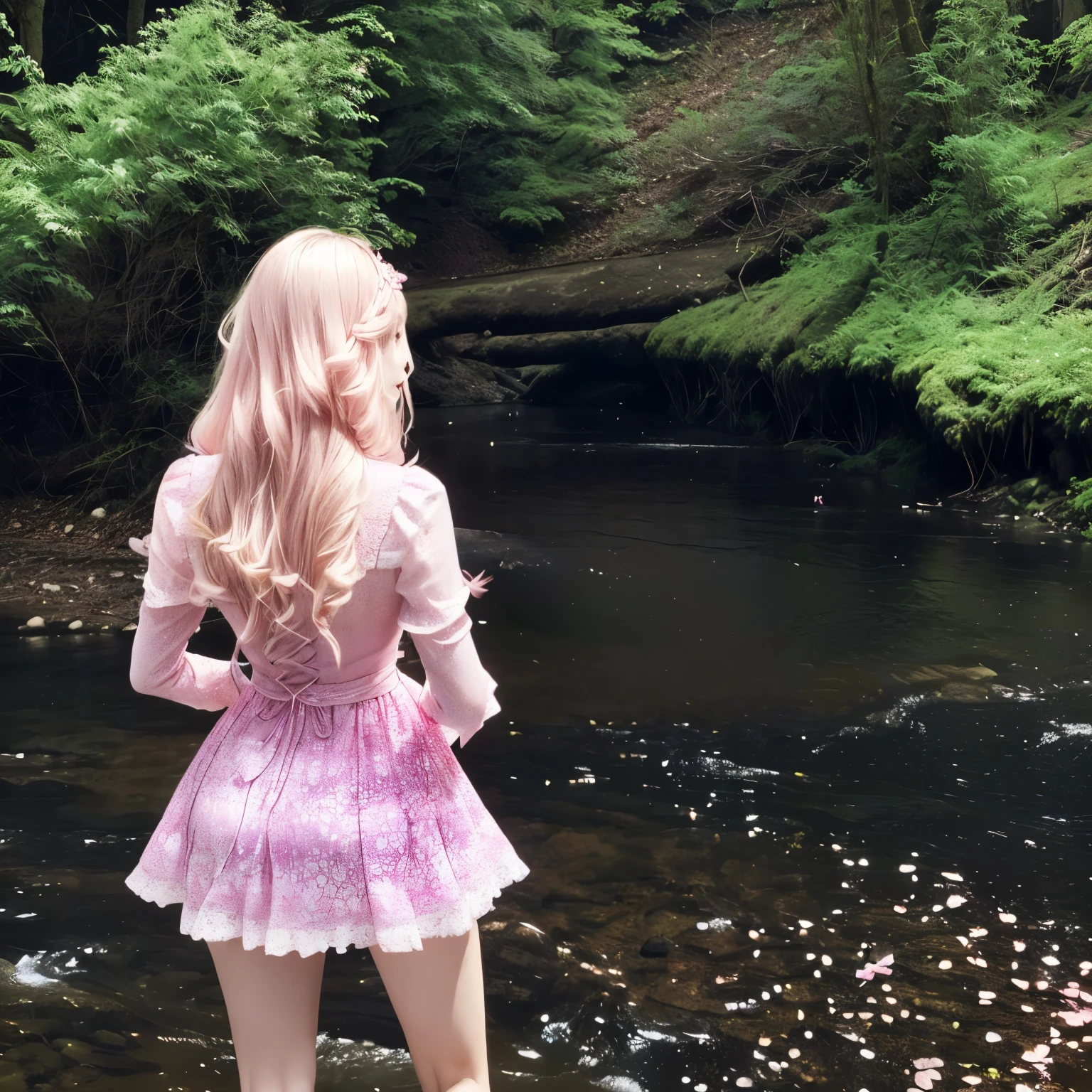 there is a woman in a pink dress standing in a river, Alexa Grace, in the pink forest, dressed in a pink dress, shining in the flowing stream, young beautiful amaranth, amaranth, a sexy maid in a magical forest, she is walking on a river, in style of petra collins, better known as amaranth, Wearing a pink dressing gown