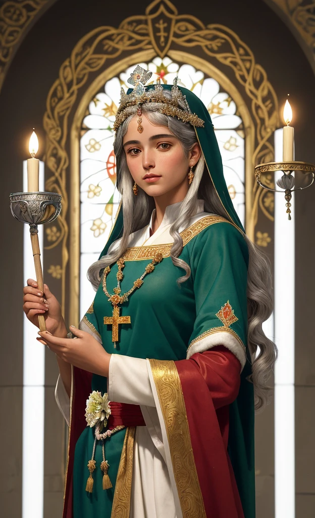 Create a detailed illustration, artistic and super realistic of Santa Luzia. Saint Luzia is represented as a young woman of serene beauty, dressed in traditional green and red saint clothes. She wears a richly textured robe, with golden details and fine embroidery. Their hair is long and wavy, caindo suavemente sobre seus ombros. In his delicate hands, She holds a polished silver plate that contains her eyes, symbolizing their devotion and sacrifice. In her right hand she holds a coconut straw with white flowers..
Saint Luzia's face displays a serene and compassionate expression, with eyes closed in a face of peace and acceptance. Your skin is smooth and realistic, showing a lightness and spiritual purity. The image background includes detailed religious elements, like a medieval church or an ornate altar with lit candles and colorful stained glass windows that filter the sunlight, creating an atmosphere of reverence and holiness. The lighting is soft and warm, with realistic shadows that accentuate the three-dimensionality of the scene.
Use a soft, harmonious color palette, with shades of blue, predominant gold and white, to create a sense of peace and divinity. Include additional details like delicate flowers around the altar and light reflections in the crown jewels to add realism to the image..