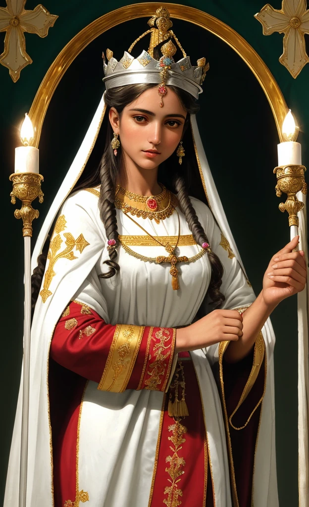 Create a detailed illustration, artistic and super realistic of Santa Luzia. Saint Luzia is represented as a young woman of serene beauty, dressed in traditional green and red saint clothes. She wears a richly textured robe, with golden details and fine embroidery. Their hair is long and wavy, caindo suavemente sobre seus ombros. In his delicate hands, She holds a polished silver plate that contains her eyes, symbolizing their devotion and sacrifice. In her right hand she holds a coconut straw with white flowers..
Saint Luzia's face displays a serene and compassionate expression, with eyes closed in a face of peace and acceptance. Your skin is smooth and realistic, showing a lightness and spiritual purity. The image background includes detailed religious elements, like a medieval church or an ornate altar with lit candles and colorful stained glass windows that filter the sunlight, creating an atmosphere of reverence and holiness. The lighting is soft and warm, with realistic shadows that accentuate the three-dimensionality of the scene.
Use a soft, harmonious color palette, with shades of blue, predominant gold and white, to create a sense of peace and divinity. Include additional details like delicate flowers around the altar and light reflections in the crown jewels to add realism to the image..
