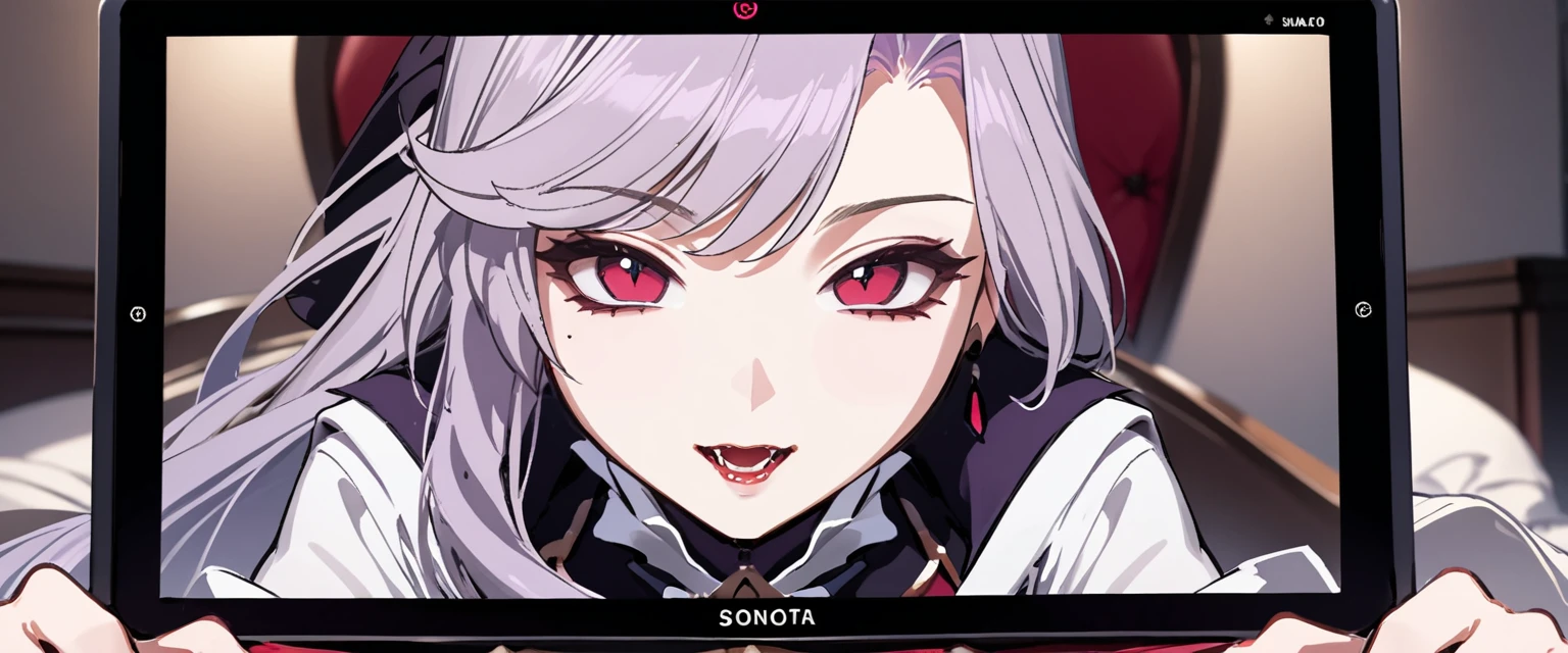 (masterpiece, best quality:1.2), 1girl, solo, Sonata, vampire, purple hair, in hads white tablet screen to viewer, best sex