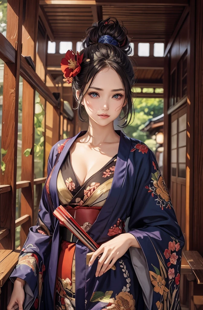 In her right hand she holds a closed red fan、Wooden building corridor、Navy blue shiny dress、Beautiful woman、Red big nose hair accessory、Red undergarment、A kimono with a flashy floral pattern、The belt is black and shiny、There is early summer greenery、Rainy weather、The weather is bad、it's raining、40-year-old woman