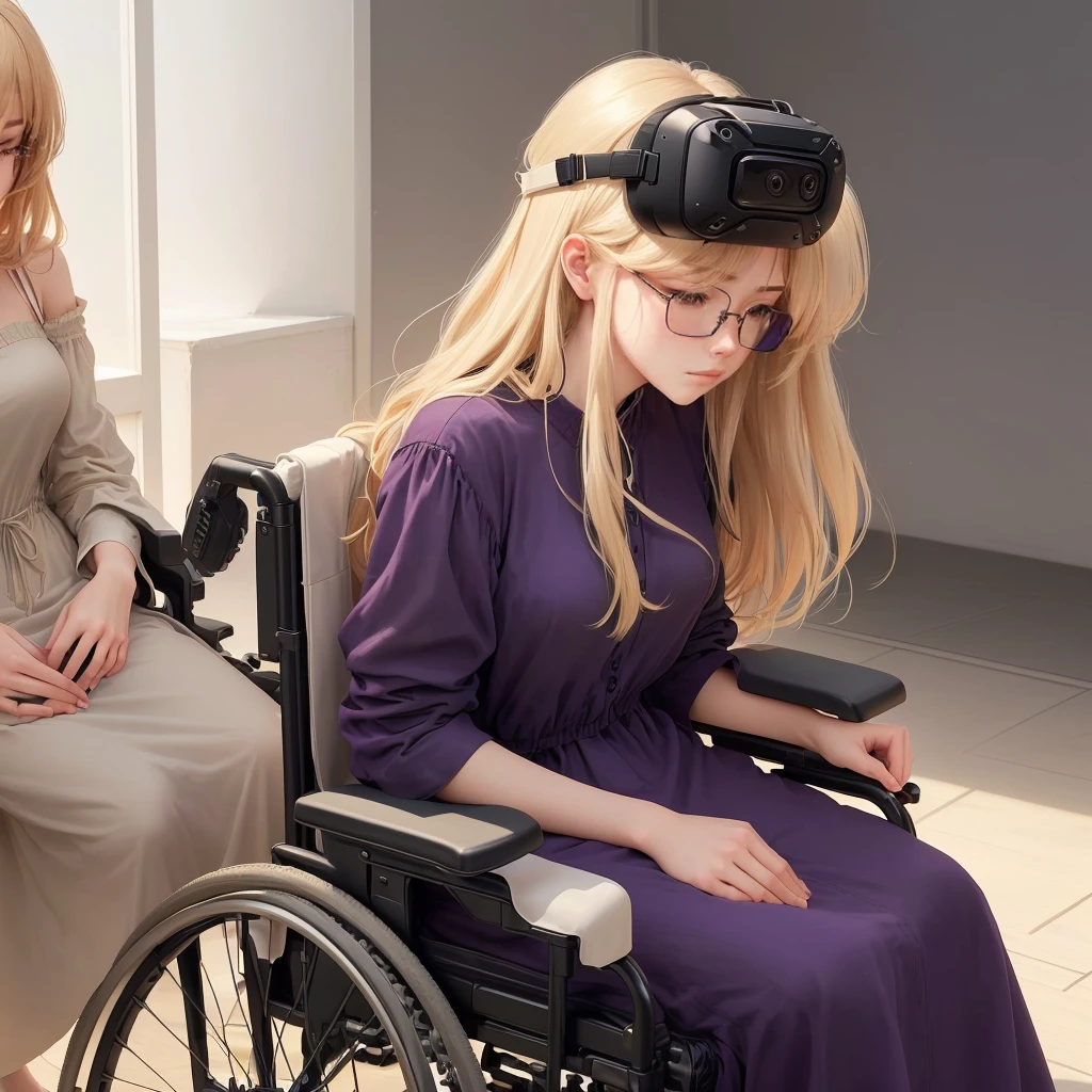 Just change your face to that of another woman, maintaining his same anime style and continuing to maintain the same expression of sadness without looking at the camera. That among his new features he has a faint blonde color, wheat color, and different cut, also wear a loose and simple dress in a dark purple color, while sitting in a wheelchair. Finally, keep the virtual reality glasses in the same position without being on your eyes., and let it be a lonely image, without other people.