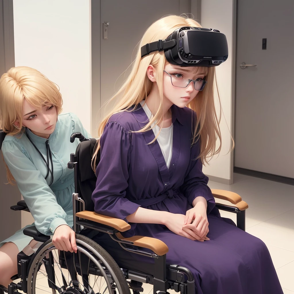 Just change your face to that of another woman, maintaining his same anime style and continuing to maintain the same expression of sadness without looking at the camera. That among his new features he has a faint blonde color, wheat color, and different cut, also wear a loose and simple dress in a dark purple color, while sitting in a wheelchair. Finally, keep the virtual reality glasses in the same position without being on your eyes., and let it be a lonely image, without other people.