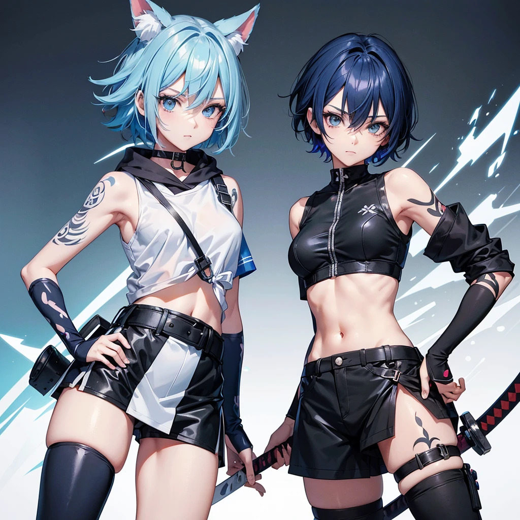 character girl with short blue hair.
The character is holding a katana over his shoulder.
They wear a white cropped top tied in the front and black shorts.
Detailed tattoos adorn one arm and one thigh.
The style feels anime-inspired, with vibrant colors and stylized features.
The background is plain white, emphasizing the character.