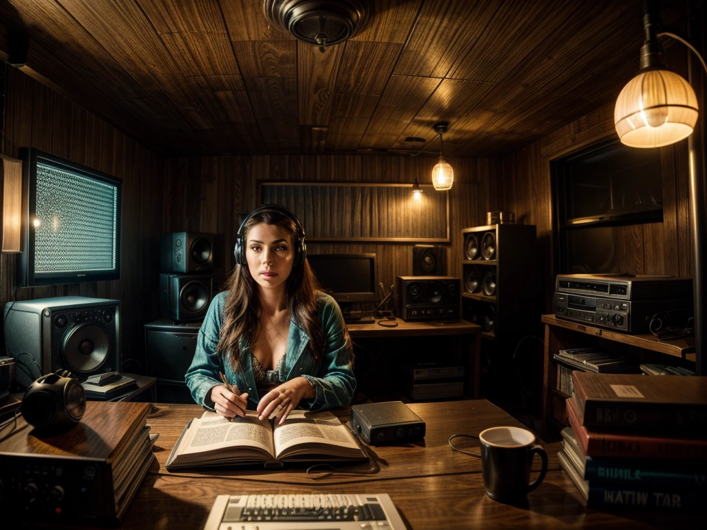 a mermaid disguised as a human,radio host,night time,radio station on top floor of tower in pacific northwestern woods,highly detailed,cinematic,dramatic lighting,fantasy,photorealistic,8k,ultra-detailed,masterpiece,realistic,vivid colors,beautiful face,detailed eyes,detailed lips,long eyelashes,beautiful skin,elegant expression,warm lighting,cozy atmosphere,detailed interior of radio station,sound equipment,glowing monitors,books and papers,potted plants,wooden furniture