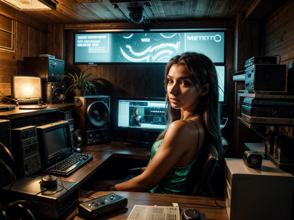 a mermaid disguised as a human,radio host,night time,radio station on top floor of tower in pacific northwestern woods,highly detailed,cinematic,dramatic lighting,fantasy,photorealistic,8k,ultra-detailed,masterpiece,realistic,vivid colors,beautiful face,detailed eyes,detailed lips,long eyelashes,beautiful skin,elegant expression,warm lighting,cozy atmosphere,detailed interior of radio station,sound equipment,glowing monitors,books and papers,potted plants,wooden furniture