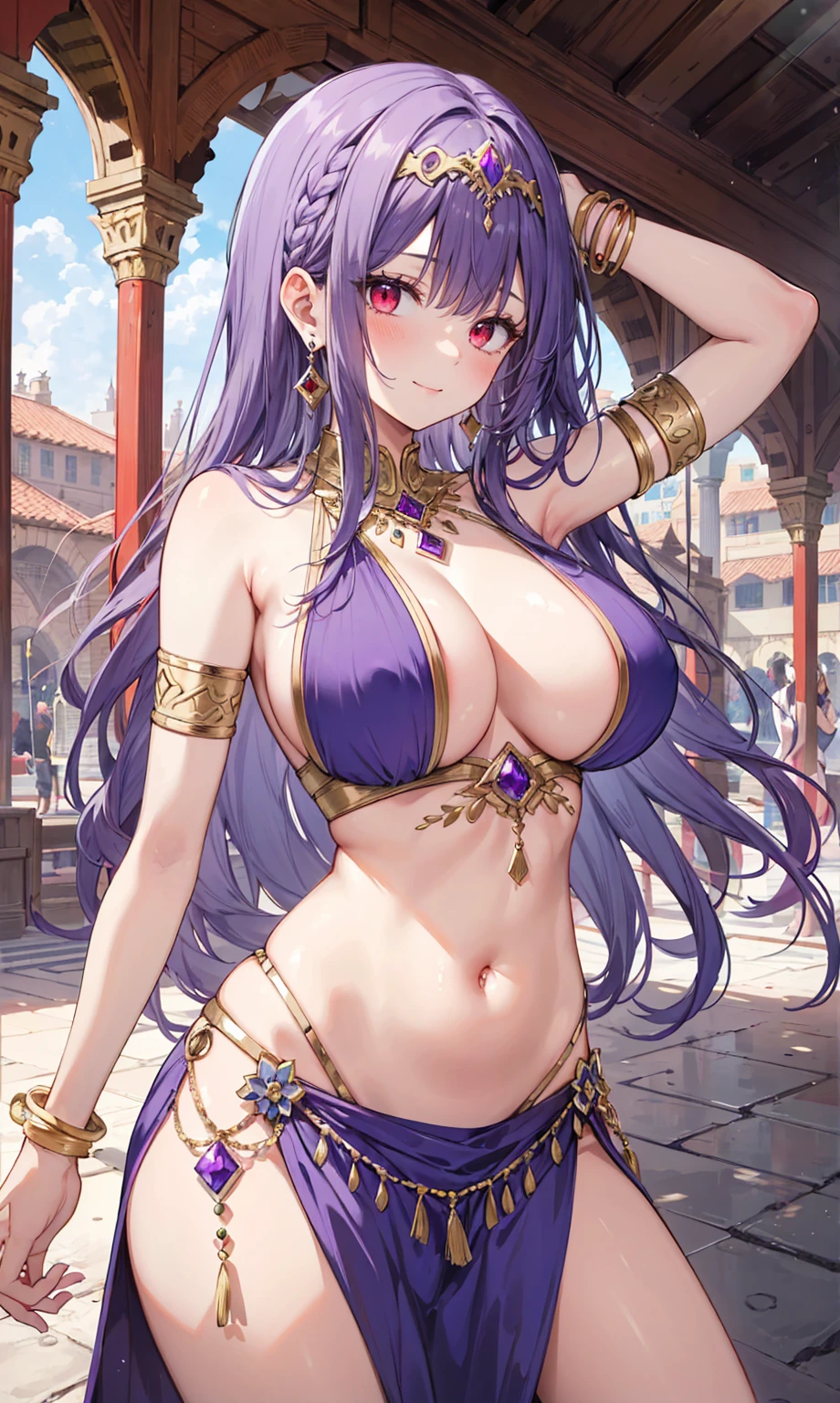 high quality, ultra detailed, best quality, insanely detailed, beautiful, masterpiece, 1girl, medieval plaza, cowboy shot, red eyes, long hair, purple hair, belly dancer, circlet, earrings, armlets, bracelets, bashful smile, large breasts, cleavage, soft stomach