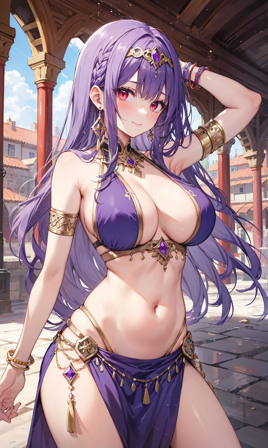high quality, ultra detailed, best quality, insanely detailed, beautiful, masterpiece, 1girl, medieval plaza, cowboy shot, red eyes, long hair, purple hair, belly dancer, circlet, earrings, armlets, bracelets, bashful smile, large breasts, cleavage, soft stomach