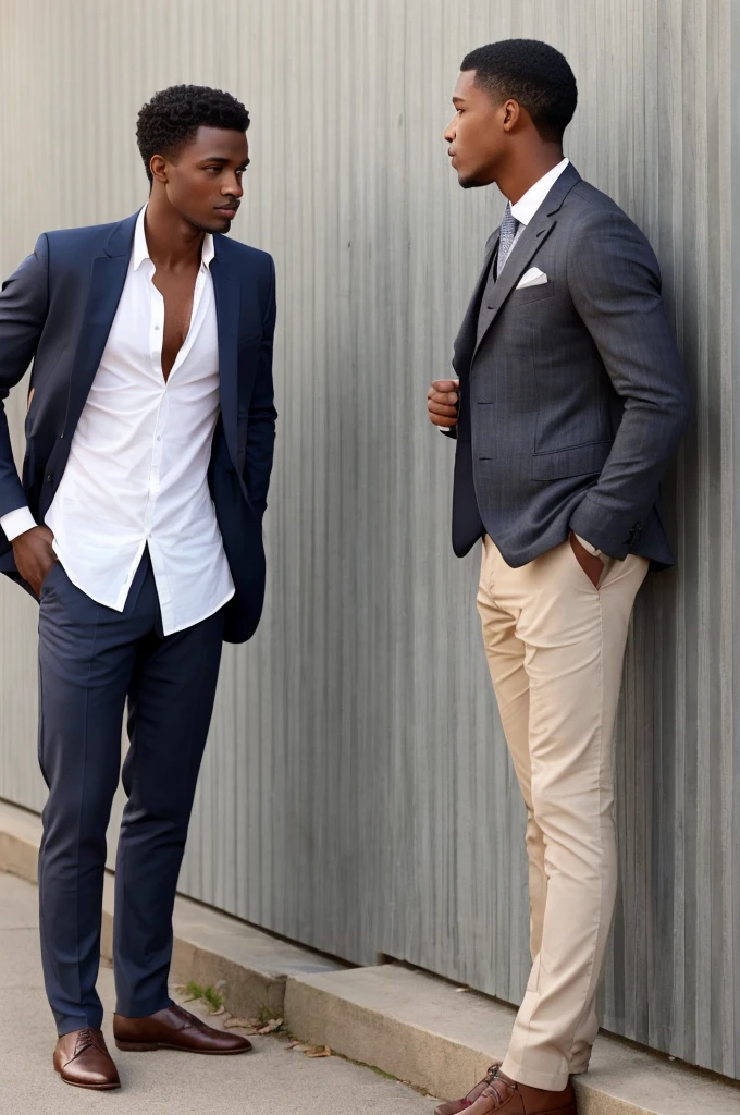 two well dressed men, both are the same height, one with darker skin and the other with lighter skin, the two are talking and smoking leaning against a low wall