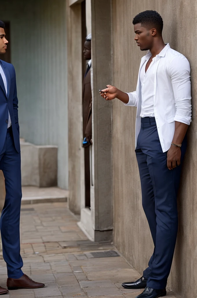 two well dressed men, both are the same height, one with darker skin and the other with lighter skin, the two are talking and smoking leaning against a low wall