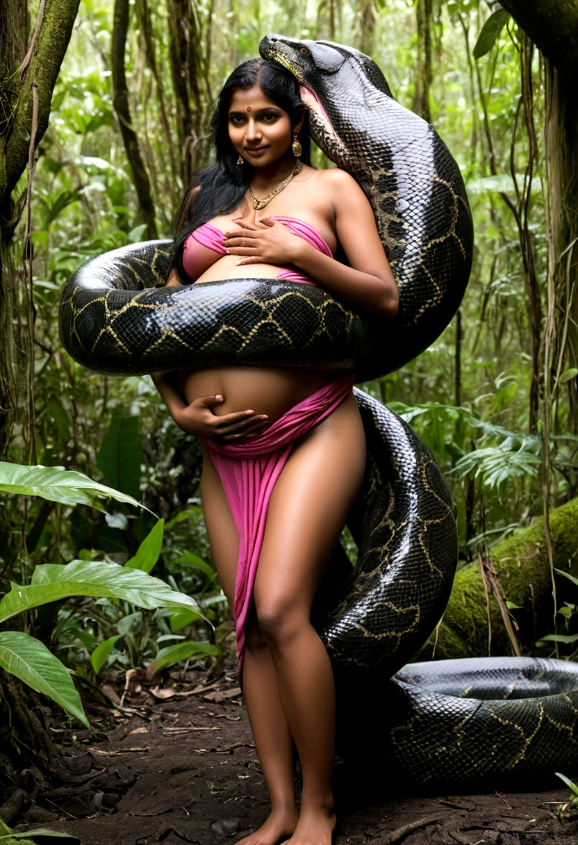 Pregnant Topless pink thong wearing aroused horny beautiful happy young Indian girl vs Giant colossal black anaconda monster wrapped around her body squeezing her in coiled embrace cuddling and kissing sexual erotic bestiality sex realistic in the rainforest full body, best quality wet