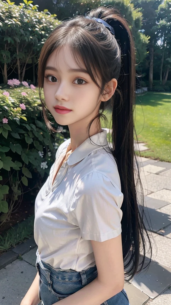 White collared shirt,jeans,Park,On the lawn,Close up face,One woman,masutepiece, The highest image quality, High quality, the background is clear,Beautiful woman, Japanese,Ultra-detailed, finely detail, hight resolution, 8K Wallpaper, Perfect dynamic composition, Beautiful detailed eyes , Detailed, Detailed eyes, Detailed skin, Beautiful skin, 超hight resolution, (reality: 1.4),Very beautiful woman, Slightly younger face, Beautiful skin, slender, (Ultra photo realsisim), (hight resolution), (8K), (Very detailed) (beautifully detailed eyes), (super detailed), (Detailed face), view the viewer, Fine details, Detailed face, Staring straight ahead, Staring straight ahead, photos realistic, Bright lighting, Professional Lighting, Black hair,poneyTail,a baby face,fourteen years old,Hairstyle: ponytail,Long ponytail hairstyle,slight smile,neat and tidy clothing,Beautiful Japanese KPOP idol photo, hair style is ponytail, my eyes are double and wide, baby face, smile and look straight ahead, slender, small breasts,Close up face,