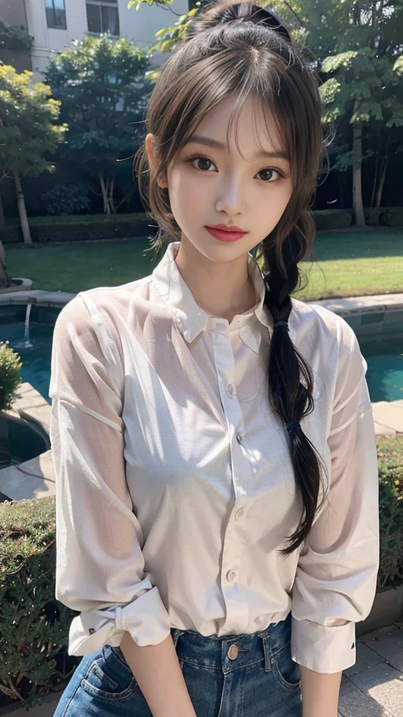 White collared shirt,jeans,Park,On the lawn,Close up face,One woman,masutepiece, The highest image quality, High quality, the background is clear,Beautiful woman, Japanese,Ultra-detailed, finely detail, hight resolution, 8K Wallpaper, Perfect dynamic composition, Beautiful detailed eyes , Detailed, Detailed eyes, Detailed skin, Beautiful skin, 超hight resolution, (reality: 1.4),Very beautiful woman, Slightly younger face, Beautiful skin, slender, (Ultra photo realsisim), (hight resolution), (8K), (Very detailed) (beautifully detailed eyes), (super detailed), (Detailed face), view the viewer, Fine details, Detailed face, Staring straight ahead, Staring straight ahead, photos realistic, Bright lighting, Professional Lighting, Black hair,poneyTail,a baby face,fourteen years old,Hairstyle: ponytail,Long ponytail hairstyle,slight smile,neat and tidy clothing,Beautiful Japanese KPOP idol photo, hair style is ponytail, my eyes are double and wide, baby face, smile and look straight ahead, slender, small breasts,Close up face,