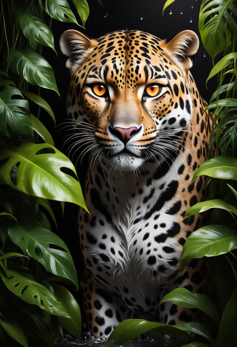 Lush plants,A fierce leopard in the jungle,1leopard,orange piercing eyes,black and white,dark background,photorealistic,realistic,high quality,high resolution,ultra detailed,masterpiece,studio lighting,cinematic lighting,dramatic lighting,Water drops on leaves
