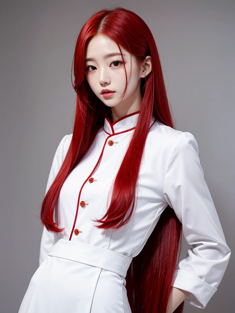 Korean with long red hair, white outfit, hair stuck, face photo