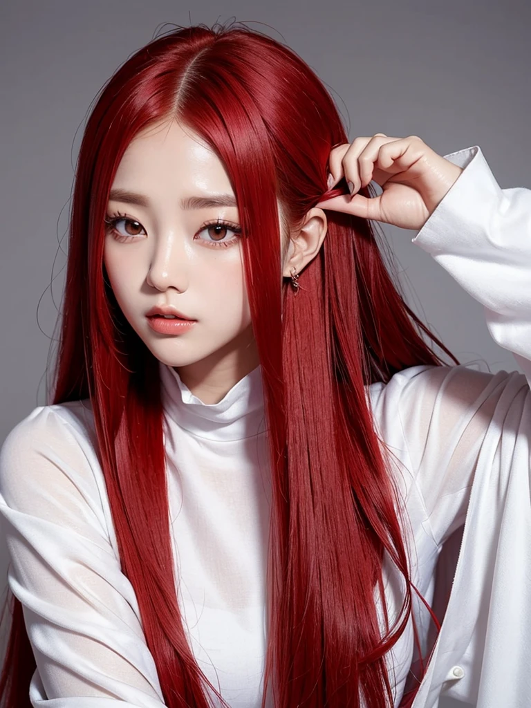 Korean with long red hair, white outfit, hair stuck, face photo