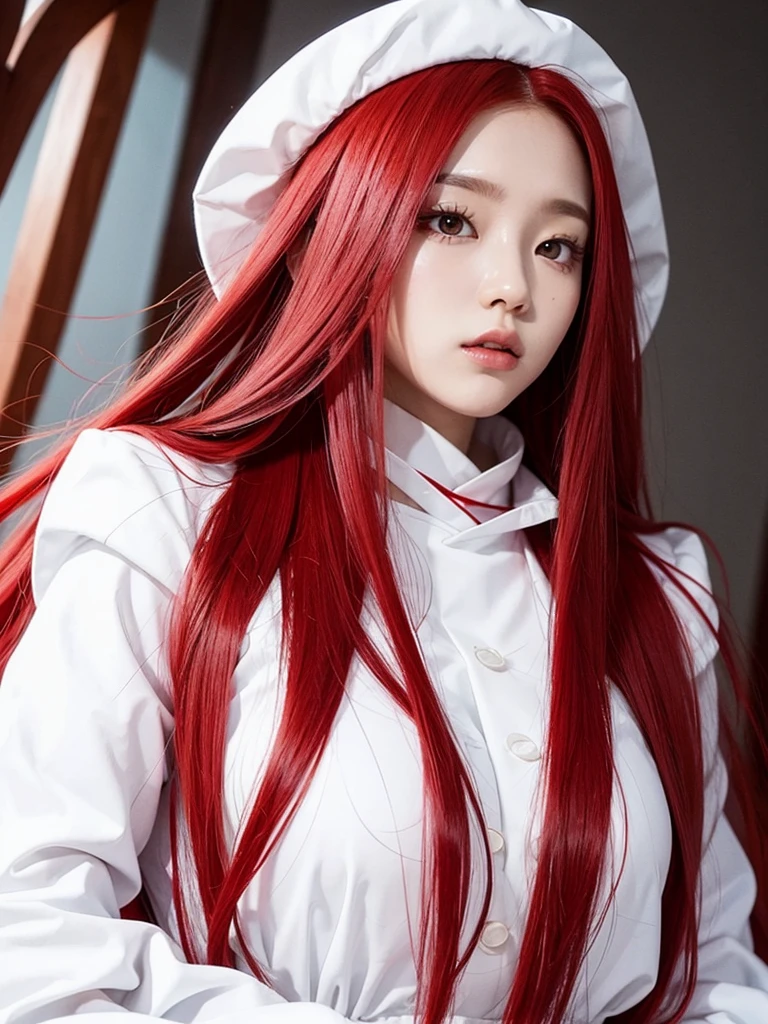 Korean with long red hair, white outfit, hair stuck, face photo