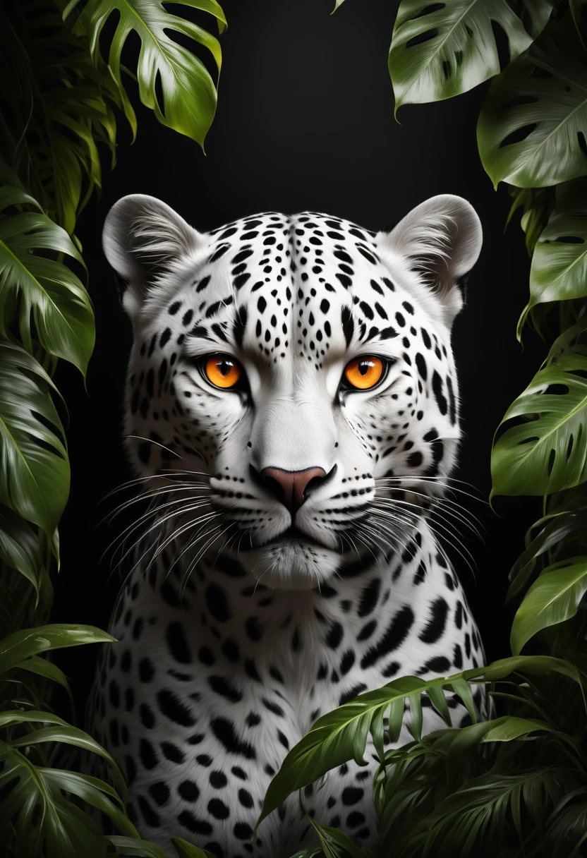 Lush plants，A fierce leopard in the jungle,1leopard,orange piercing eyes,black and white,dark background,photorealistic,realistic,high quality,high resolution,ultra detailed,masterpiece,studio lighting,cinematic lighting,dramatic lighting