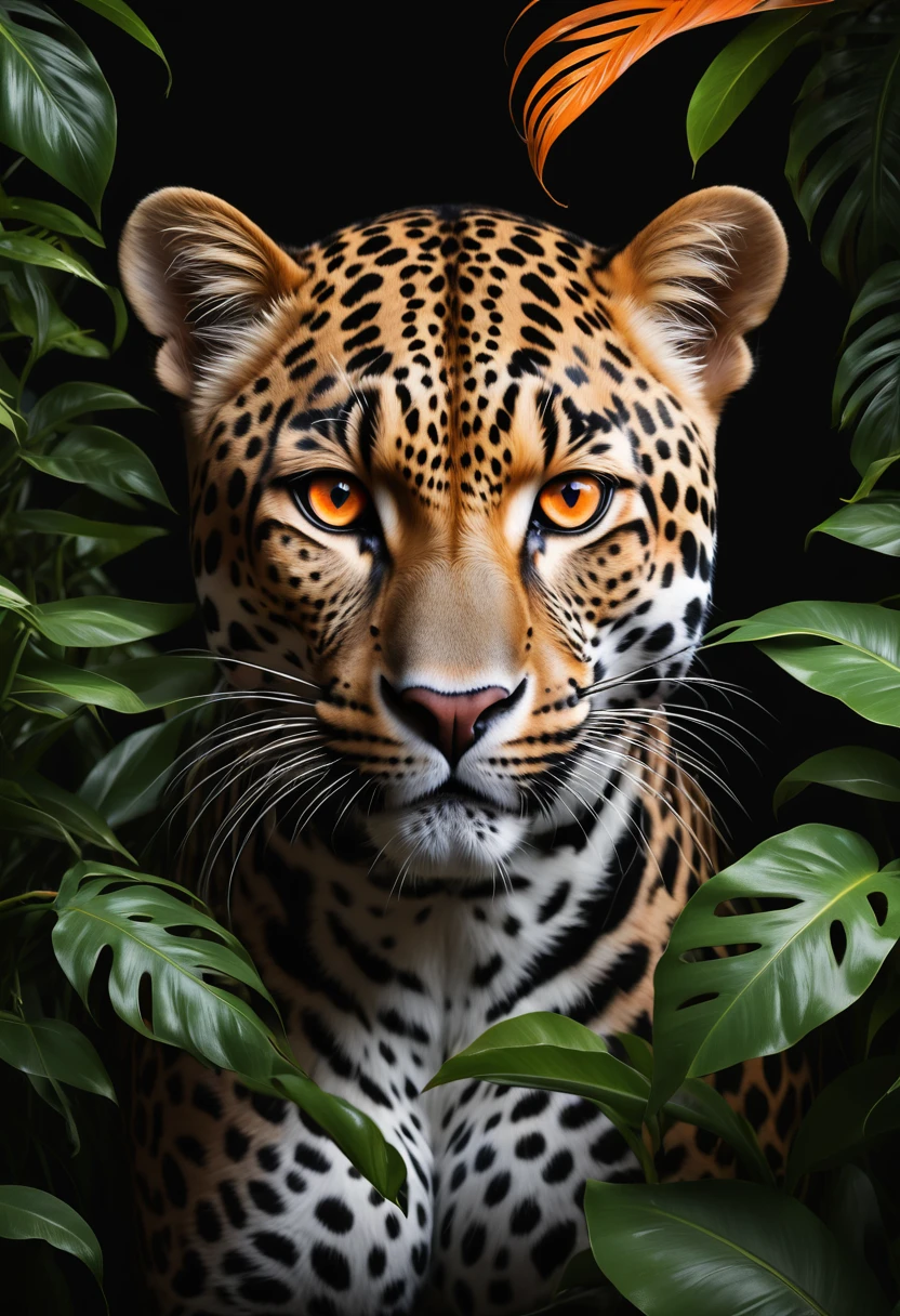 Lush plants，A fierce leopard in the jungle,1leopard,orange piercing eyes,black and white,dark background,photorealistic,realistic,high quality,high resolution,ultra detailed,masterpiece,studio lighting,cinematic lighting,dramatic lighting